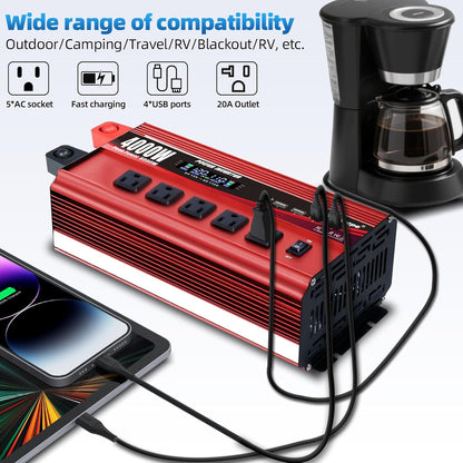 4000W Power Inverter 12V to 110V/120V DC to AC with LCD Display, Remote Controller 5 x AC Outlets and 4 x 3.1A USB Car Adapter for Car Truck Boat RV Solar System