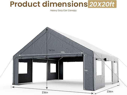 COSIEST 20'×20' Storage Shelter Outdoor Gable Roof Carport with Removable Side Walls, Heavy-Duty Garage Canopy Weatherproof PE Cover, Multi-Purpose Vehicle/Tractor Shed for Backyard/Driveway（Gray）