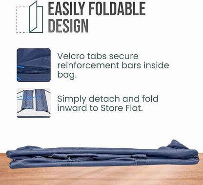 Extra Large Utility Tote Bag - Oversized Collapsible Reusable Wire Frame Rectangular Canvas Basket With Two Exterior Pockets For Beach, Pool, Laundry, Car Trunk, Storage - Navy Blue