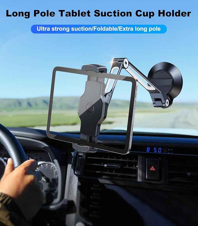 Car iPad Tablet Mount Holder for Truck, 360° Long Arm Cup Suction Dashboard Windshield Heavy Duty Mount for Semi Truck/SUV/Van, Vehicle Accessories Fit for 4.7-12.9" iPad Pro Air Mini iPhone