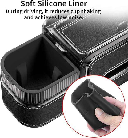 Rear Seat Cup Holder Back Seat Car Organizer 6 in 1 Multifunctional Car Back Seat Storage Box with Drink Cup Holder Tissue Box for Car Phone Holder Snacks Drinks Handbag Makeup Mirror Black