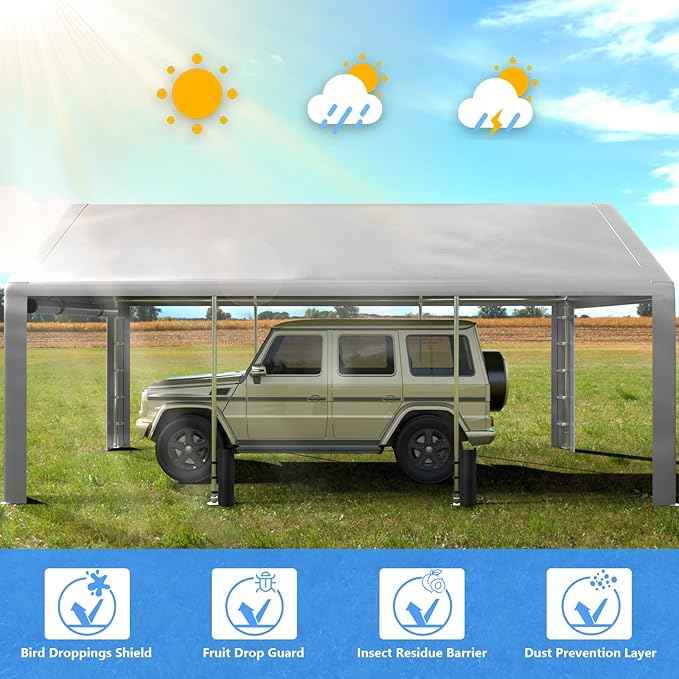 Carport 10x20 FT Enclosed Carport with Roll-up Windows, Portable Garage with Removable Sidewalls & Doors, Car Canopy Tent with Sandbags All-Season Tarp for Car Boat Truck Motorcycle