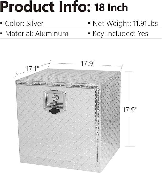 18 Inch Heavy Duty Aluminum truck tool boxes for bed of truck, Waterproof Square Truck Storage Organizer Chest for Pick Up Truck Bed, RV Trailer with T-Handle Lock & Keys(17.9"×17.1"×17.9")