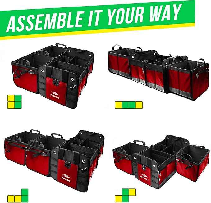 5-Section Trunk Organizer with Cooler – Extra Large Modular Car Storage System with Insulated Compartment, Foldable Multi-Module Cargo Organizer for Groceries & Travel – Red
