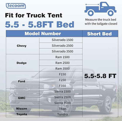 Tecoom Truck Bed Tent, Double Layer Waterproof PU3000mm for 5.5-6.7ft, Portable 2/3 Person Compact Full Size Pickup with Rain Fly for Back of Camping Beach