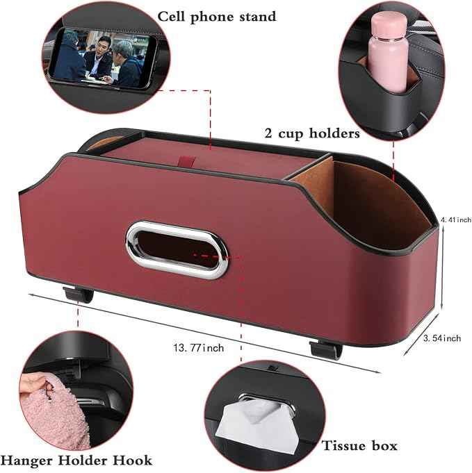 Car Seat Back Organizer - Stylish & Functional Storage for Family Adventures - Cup Holders, Tissue Box & Hooks - Perfect for Kids, Road Trips & Travel (Red)