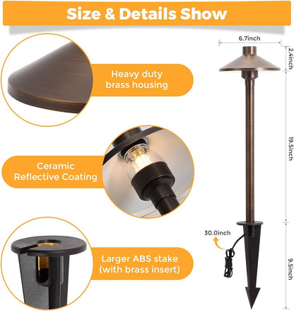 Gardencoin Solid Brass Low Voltage Pathway Lights (6.7'' Shade, 21.9'' Tall), 12V AC/DC Heavy Duty LED Landscape Path Lights Outdoor Wired, Antique Bronze Walkway Lights with Larger Stake, 4-Pack