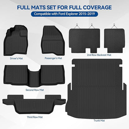 Custom Fit Floor Mats for Ford Explorer 2015-2019, All Weather TPE Floor Liners with Trunk Mat & Backrest Protectors, Odorless Full Set Interior Accessories