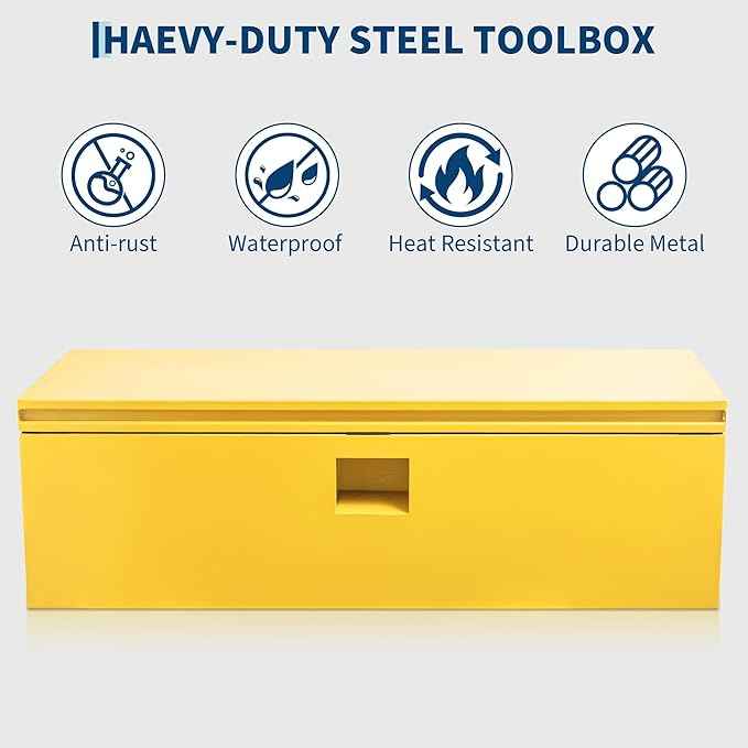 Heavy Duty Steel Truck Bed Toolbox – Hydraulic-Assisted Lid, Drill-Proof Lock, Weatherproof Rubber Seal, T-Handle, Large Capacity Storage Chest, Global for Pickup, RV, Trailer – Yellow - MHL