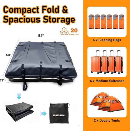 Car Roof Bag, 20 Cubic Feet Rooftop Cargo Carrier, 600D Waterproof Car Top Luggage Storage Bag for All Vehicles SUV with/Without Rack, Include Anti-Slip Mat, 8 Reinforced Straps, 6 Door Hooks