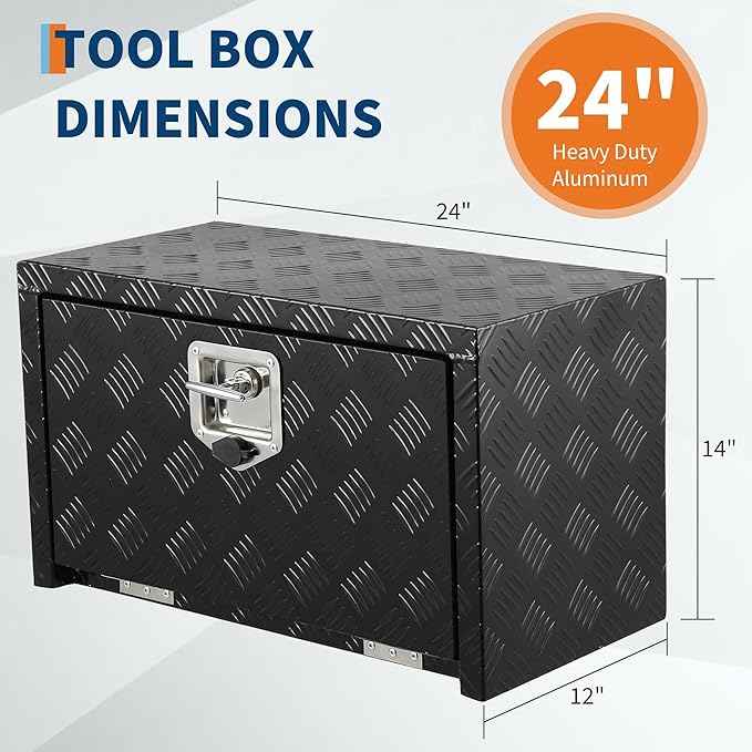 Garvee 24 Inch Heavy Duty Aluminum Tool Underbody Box, Waterproof Square Truck Storage Organizer Chest for Pick Up Truck Bed, Rv Trailer (24" X 12" X 14" - Black)