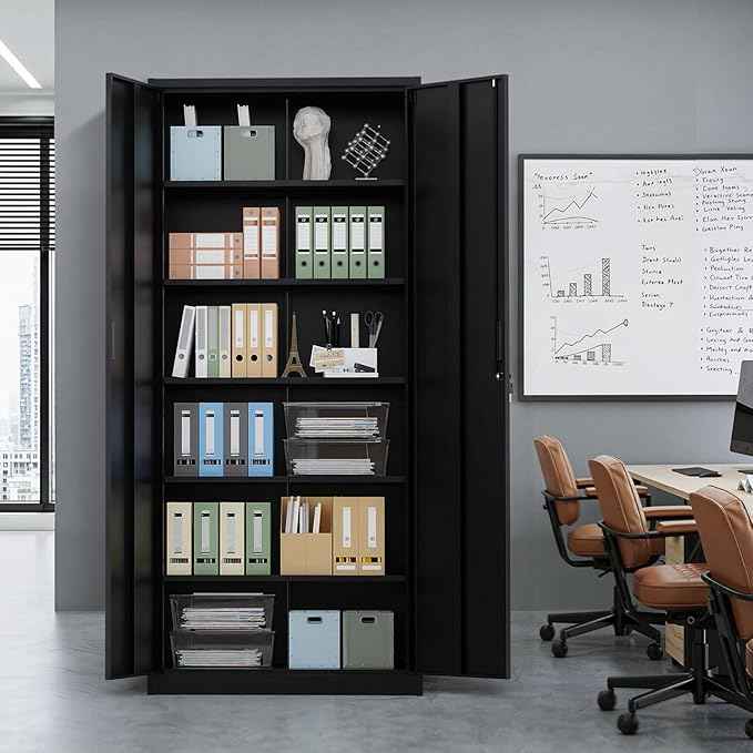 VINGLI Metal Garage Storage Cabinet with 2 Doors and 5 Adjustable Shelves, 71" Tall Steel Lockable File Cabinet, Locking Tool Cabinets for Home Office Garage Gym School (Black)