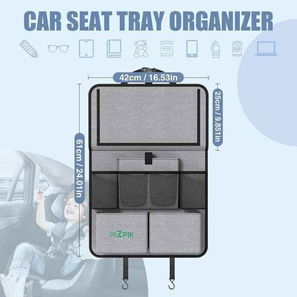 Car Backseat Organizer with Tablet Holder,11 Storage Pockets with Foldable Food Tray, Protector Kick Mats for Kids, Travel Accessories Organizer (Gray, 1Pack with Food Tray)