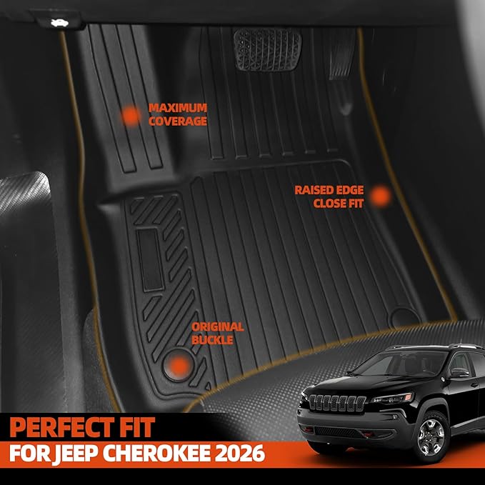 Custom Fit Floor Mats for Jeep Cherokee 2026, All Weather TPE Floor Liners with Trunk Mat & Backrest Protectors, Odorless Full Set Interior Accessories