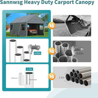 Heavy Duty Carport Canopy 13x25FT,Extra Large Portable Car Tent Garage with Roll-up Windows and All-Season Tarp Cover,Removable Roof&Side Walls for Car,SUV,Boats&Truck Shelter Logic Storage,Gray