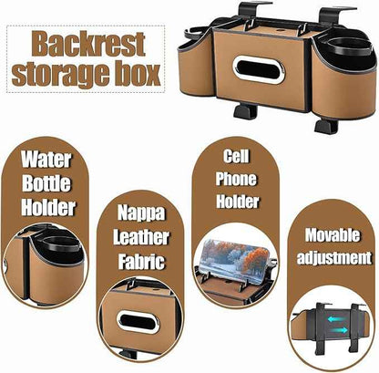 Back Seat Car Organizer,4 in 1 Multifunctional Car Back Seat Storage Box with Drink Cup Holder Tissue Box, for Hold Phone,Snacks, Drinks, Handbag-Light Brown