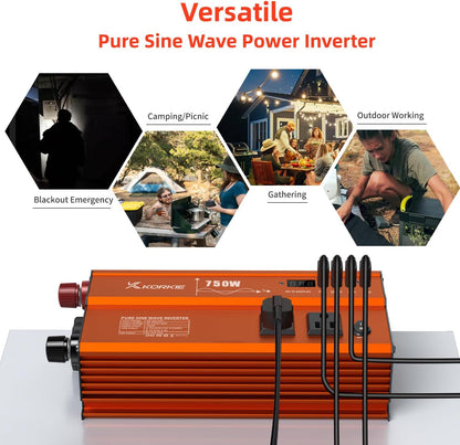 750W Pure Sine Wave Inverter, Car Power Inverter, 12V DC to 110V AC Power Converter, Emergency Power Inverter with Type-C, Dual 5.2V/2.4A USB, 3AC Outlets for Home,Camping, RV, Truck, Vehicles