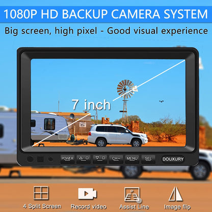RV Backup Camera System with 7'' Quad Split 1080P Monitor for Truck Trailer Semi Camper Bus & 4 AHD Rear Side View Camera with DVR Record Function IP69 Waterproof Night Vision Avoid Blind Spot DOUXURY