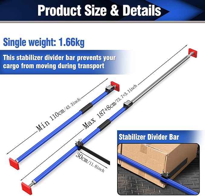 3-H Truck Cargo Bar, 43"-77" Adjustable Support Pole All Metal,Cabinet Jack,Truck Bed Divider with Self-Locking Spring Ratchet - Load Lock Bar for Vans, SUVs & Trucks,Blue,2pc & Divider Bar