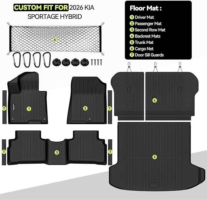 Tongama-Floor Mats for 2026 Kia Sportage Hybrid, All Weather TPE Trunk Mat and Backrest Mats Protector and Cargo Net and Door Sill Guards for Kia Sportage Floor Liner Accessories