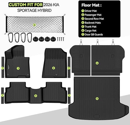Tongama-Floor Mats for 2026 Kia Sportage Hybrid, All Weather TPE Trunk Mat and Backrest Mats Protector and Cargo Net and Door Sill Guards for Kia Sportage Floor Liner Accessories