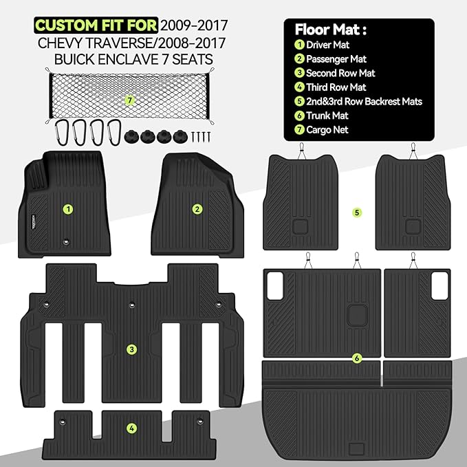 Tongama-Floor Mats for 2009-2017 Chevy Traverse/2008-2017 Buick Enclave 7 Seat with Bucket Seats, All Weather TPE Trunk Mat & 2nd/3rd Row Backrest Mats & Cargo Net for Traverse Floor Liner Accessories