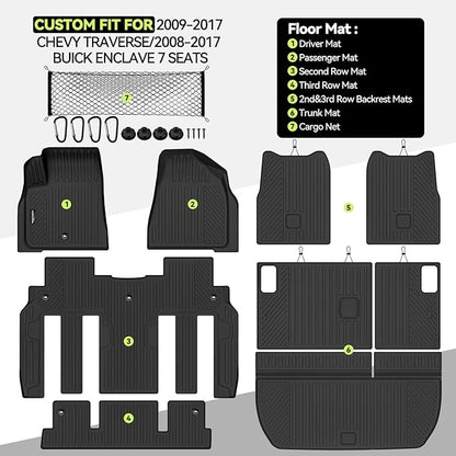 Tongama-Floor Mats for 2009-2017 Chevy Traverse/2008-2017 Buick Enclave 7 Seat with Bucket Seats, All Weather TPE Trunk Mat & 2nd/3rd Row Backrest Mats & Cargo Net for Traverse Floor Liner Accessories