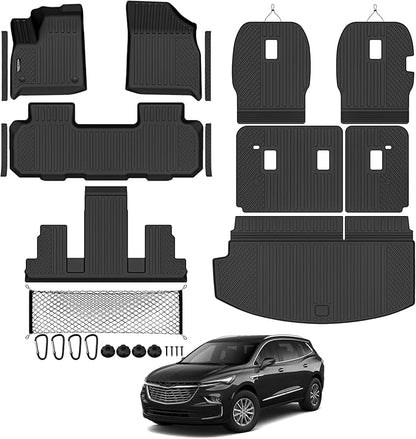Tongama-Floor Mats for 2018-2024 Buick Enclave 7 Seat with Bucket Seats, All Weather TPE Trunk Mat & 2nd/3rd Row Backrest Mats & Cargo Net & Door Sill Guards for Buick Enclave Floor Liner Accessories