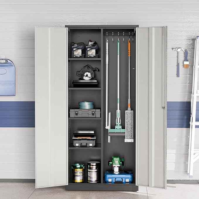 VINGLI Metal Storage Cabinet with Hanging Rod, 4 Adjustable Shelves, Lock Doors with Modern Gray Pattern Design, Armoire Wardrobe Closet Tool Functional Cabinet for Home, Office, Garage (Gray & Black)