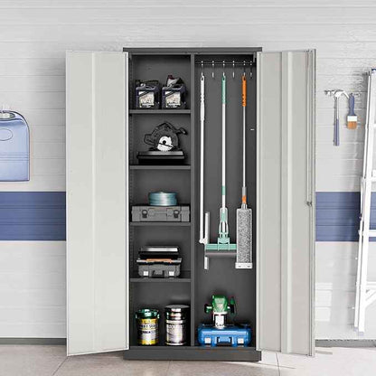 VINGLI Metal Storage Cabinet with Hanging Rod, 4 Adjustable Shelves, Lock Doors with Modern Gray Pattern Design, Armoire Wardrobe Closet Tool Functional Cabinet for Home, Office, Garage (Gray & Black)