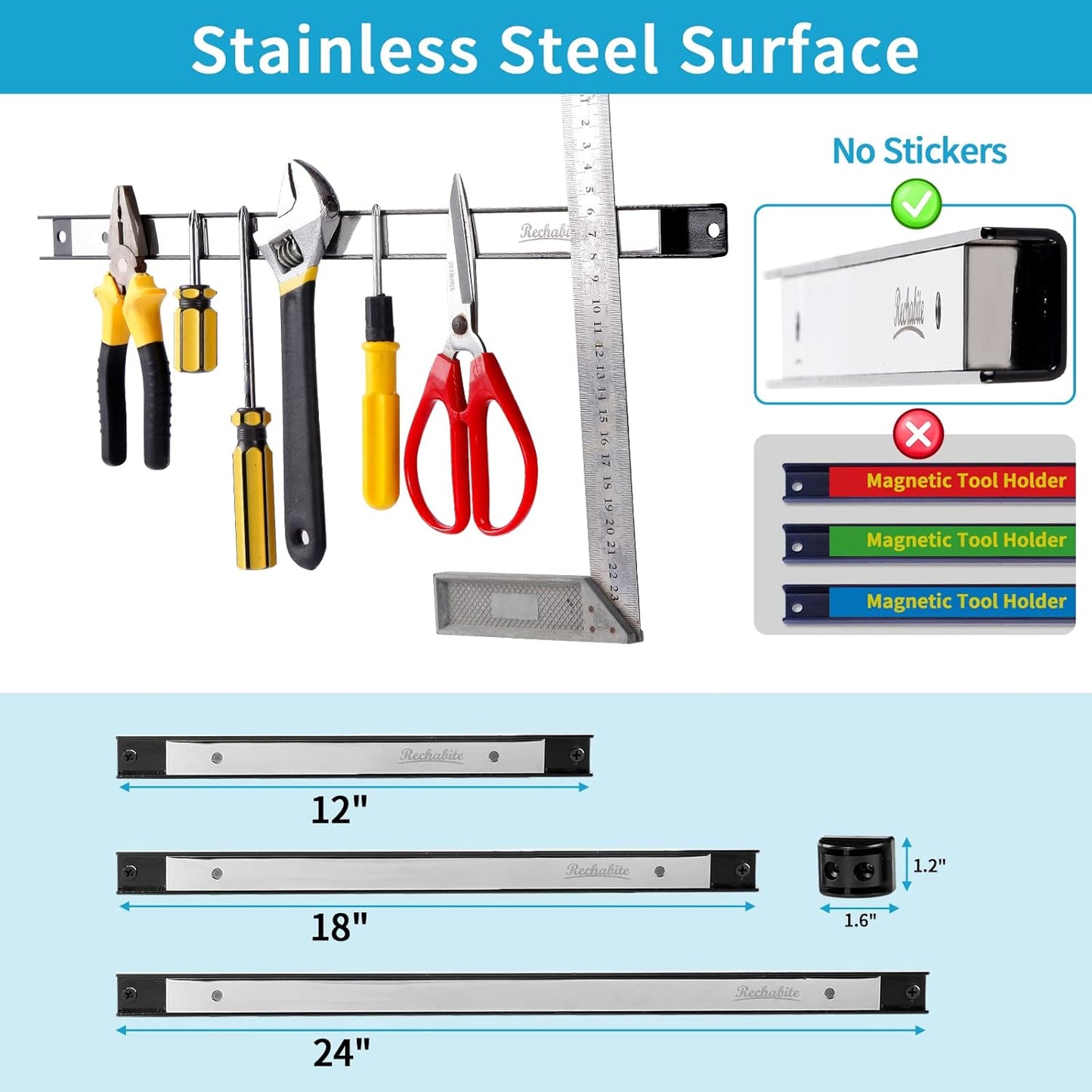 6 Pieces 12" Magnetic Tool Holder Strip, Stainless Steel Surface Tool Magnet Bar, Metal Tool Organizer Rack for Garage Organization, Easy To Install in Workshop, Mounting Screws Included