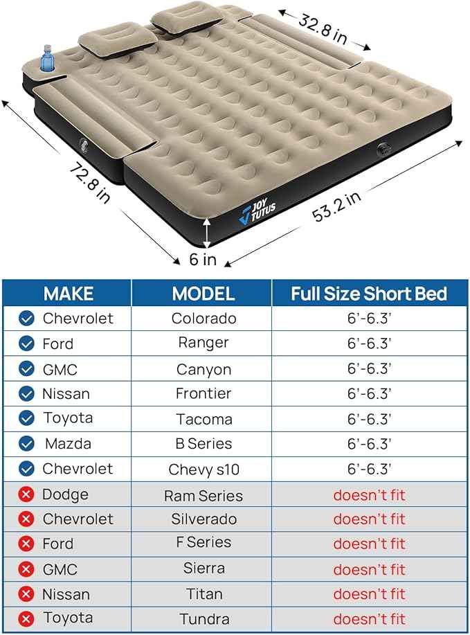 JOYTUTUS Truck Bed Air Mattress for 6.0-6.3Ft, Compact Regular Truck Beds,Anti-Leakage, with Air Pump&2 Pillows, Inflatable Pickup Mattress,Compatible with Tacoma&Ranger&Frontier,Camel&Black