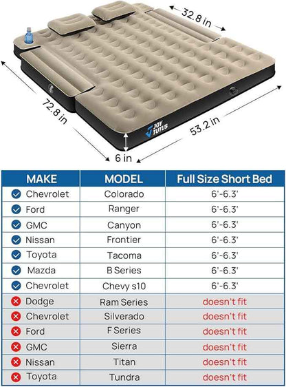 JOYTUTUS Truck Bed Air Mattress for 6.0-6.3Ft, Compact Regular Truck Beds,Anti-Leakage, with Air Pump&2 Pillows, Inflatable Pickup Mattress,Compatible with Tacoma&Ranger&Frontier,Camel&Black