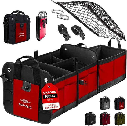 XL Trunk Organizer 3-Section Modular – Extra Large Car Storage for Groceries & Travel Gear, Multi-Compartment Foldable Cargo Bin – Red
