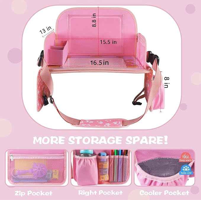 MENZOKE Kids Travel Tray for Toddler Car Seat, Road Trip Activities for Kids with iPad Holder Stand & Dry Erase Board, Road Trip Essentials Accessories Lap Tray as Travel Gifts for Kid, Pink