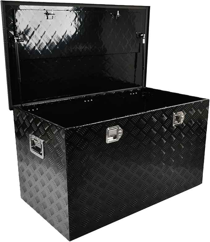 44 Inch Black Aluminum Tool Box 5 Bar Tread Chest Box Flatbox for Truck Car Outdoor Trailer Pickup Underbody RV ATV Storage Bed ToolBox w/Lock and Keys, Side Handle (44"x24"x24")