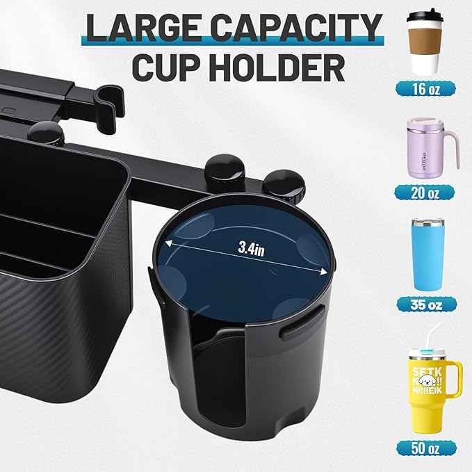 Car Headrest Backseat Storage Box with 2 Cup Holders, Back Seat Car Organizer 5"-13" Tablet Phone Holder with Hook, Adjustable 3-in-1 Multifunctional Car Essential Food Tray for Travel Accessories