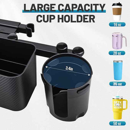 Car Headrest Backseat Storage Box with 2 Cup Holders, Back Seat Car Organizer 5"-13" Tablet Phone Holder with Hook, Adjustable 3-in-1 Multifunctional Car Essential Food Tray for Travel Accessories