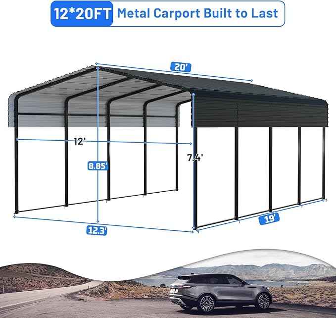 12x20FT Heavy Duty Metal Carport with Canopy, Galvanized Steel Frame & Roof with Reinforced Base, All-Weather Protection for Vehicles, Boats and Outdoor Storage