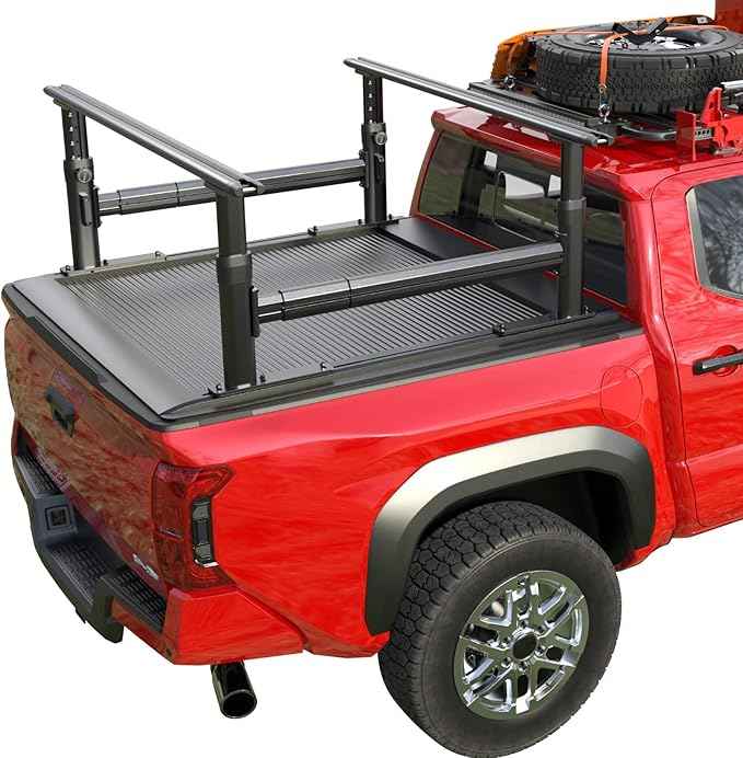 Ladder Rack for Truck with Tonneau Cover w/T-Slot Rails, 800 LBS Capacity Truck Bed Rack with Side Bars, 19"-25" Height-Adjustable Aluminum Ladder Racks, Fit for Mid Size Pickup Tacoma Gladiator