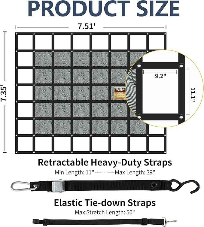 Tecoom Truck Bed Net, Heavy Duty with Mesh - 7.51' x 7.35' Truck Bed Bungee Net Mesh with Capacity 1,500 lbs - Compatible with Trailer, Trucks, Boat, Jeep, Pickup