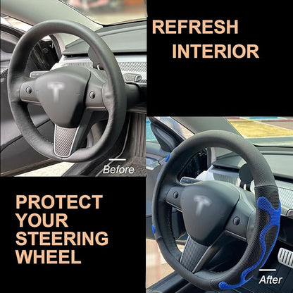 PINCTROT Comfy Grip Steering Wheel Cover for Tesla Model Y/3 2016-2025 2026 Standard/Highland/Juniper, D Shaped 14 Inch Small Sized, Flat Bottom with 3D Honeycomb Anti-Slip Design (Comfy Grip Blue)