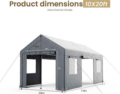 COSIEST 10'×20' Storage Shelter Outdoor Gable Roof Carport with Removable Side Walls, Heavy-Duty Garage Canopy Weatherproof PE Cover, Multi-Purpose Vehicle/Tractor Shed for Backyard/Driveway/Farm