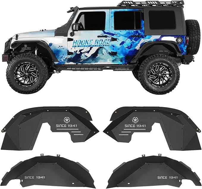 Hooke Road Wrangler JK Aluminum Inner Fender Liners for 2007-2018 Jeep Wrangler JK 2/4 Doors, Offroad Wheel Well Liner Cover - 4PCS Front & Rear Fender Liner Set
