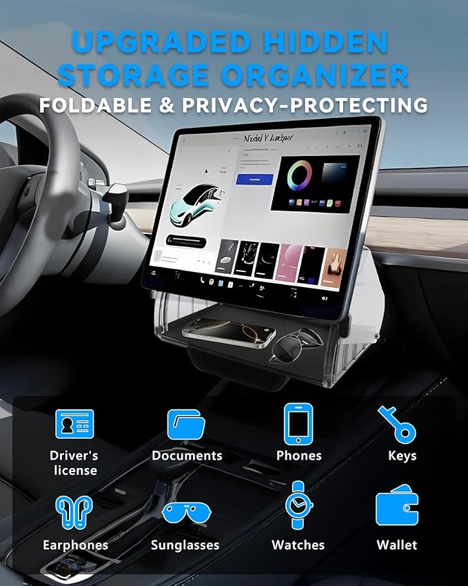 Under Screen Storage Box for Tesla Model Y Juniper 2025 2026, Center Console Organizer Tray Accessories for Model 3 Highland 2024+, Hidden Design (Not for Model Y 2020-2024/Model 3 2017-2023)
