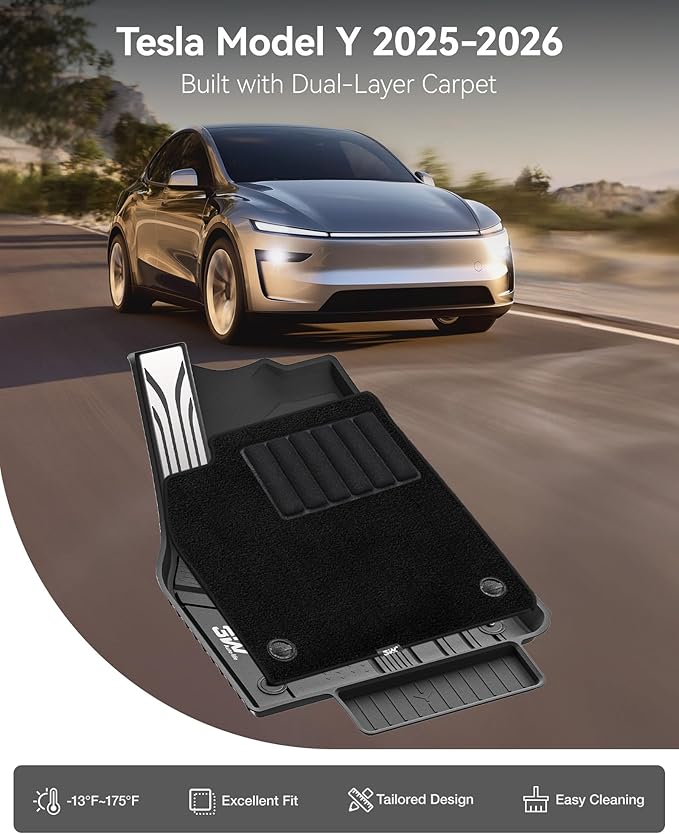 3W Tesla Model Y Juniper Floor Mats(not for Standard), Full Set with Carpets, Mental Pedal, Double Layer, 2025 2026 Model Y Acecessories, TPE All Weather Waterproof Custom Fit Automotive Liners