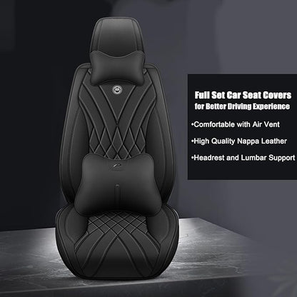 Amooca Car Seat Covers Full Set Automotive Seat Protection Fit for Most Cars SUVs Front & Back Seats Waterproof Nappa Leather Car Seat Cushion Breathable Black with Pillow & Lumbar Support