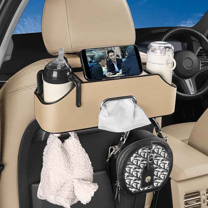 Car Seat Back Organizer - Stylish & Functional Storage for Family Adventures - Cup Holders, Tissue Box & Hooks - Perfect for Kids, Road Trips & Travel (Beige)
