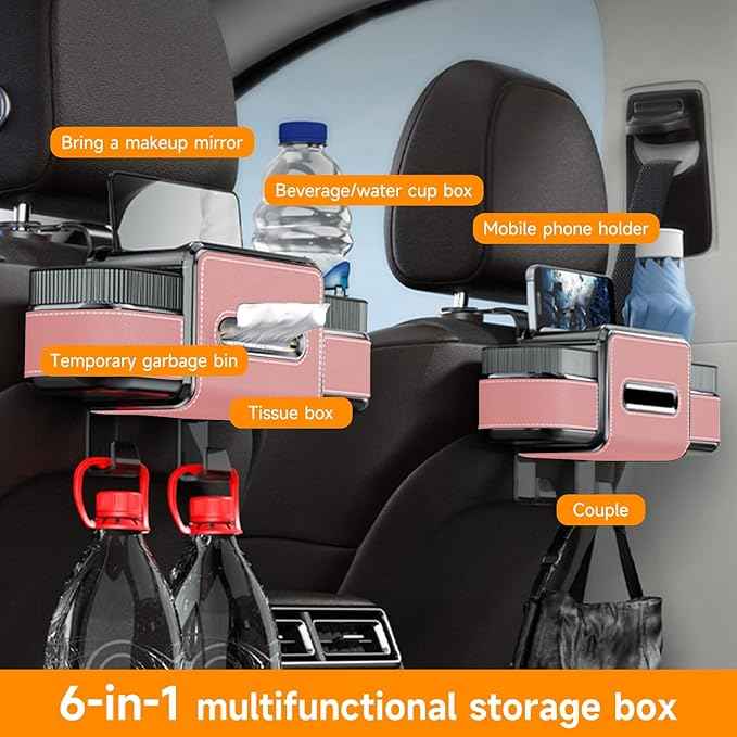 Multifunctional Car Seat Back Organizer Box with Drink Cup Holder, Makeup Mirror, Tissue Box& Hooks for Car Seat Back, New Upgrade Car Headrest Backseat Organizer Suitability for Wife, Girlfriend