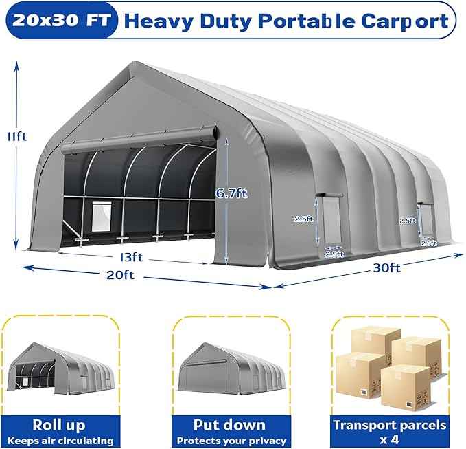 EROMMY 20x30 FT Heavy Duty Durable Carport, Silver Gray, Galvanized Steel Frame Garage Shelter and Outdoor Storage, Waterproof 3-Layer PE Cover, Fits 2 Cars, Boat, Farm Equipment